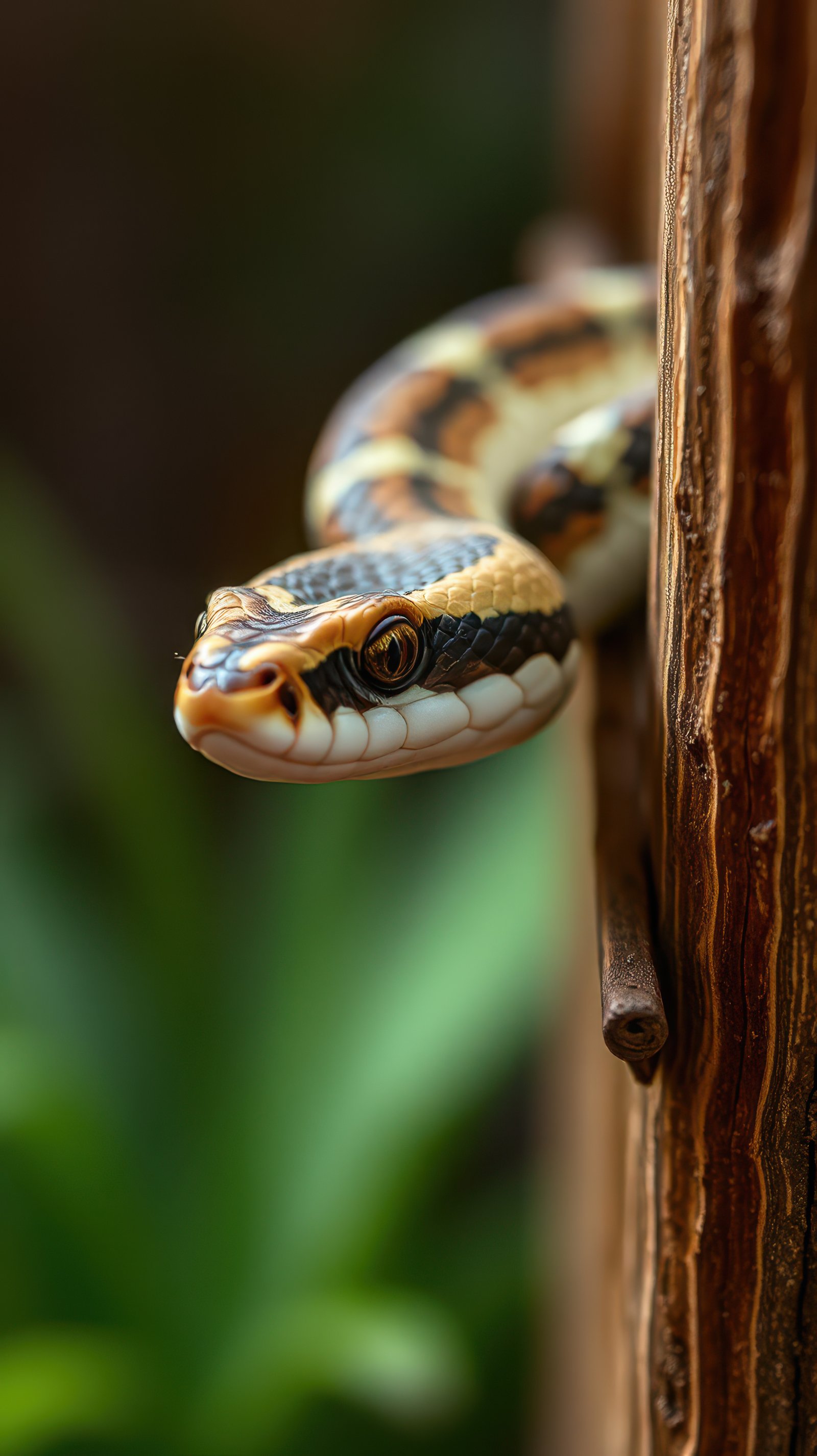 Colorful snake resting on a tree branch in a lush green environment during daylight hours